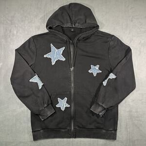 ROMWE Hoodie Black Star Patch Distressed Men L Cotton Grunge Streetwear